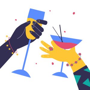 Bright hands with cocktails. Modern Art. Vector illustration in cartoon style.